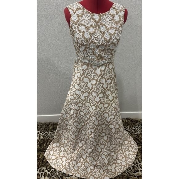 Vintage 1960s Gino Charles Ivory Gold Beaded Sequin Maxi Gown‎ Hong Kong 6